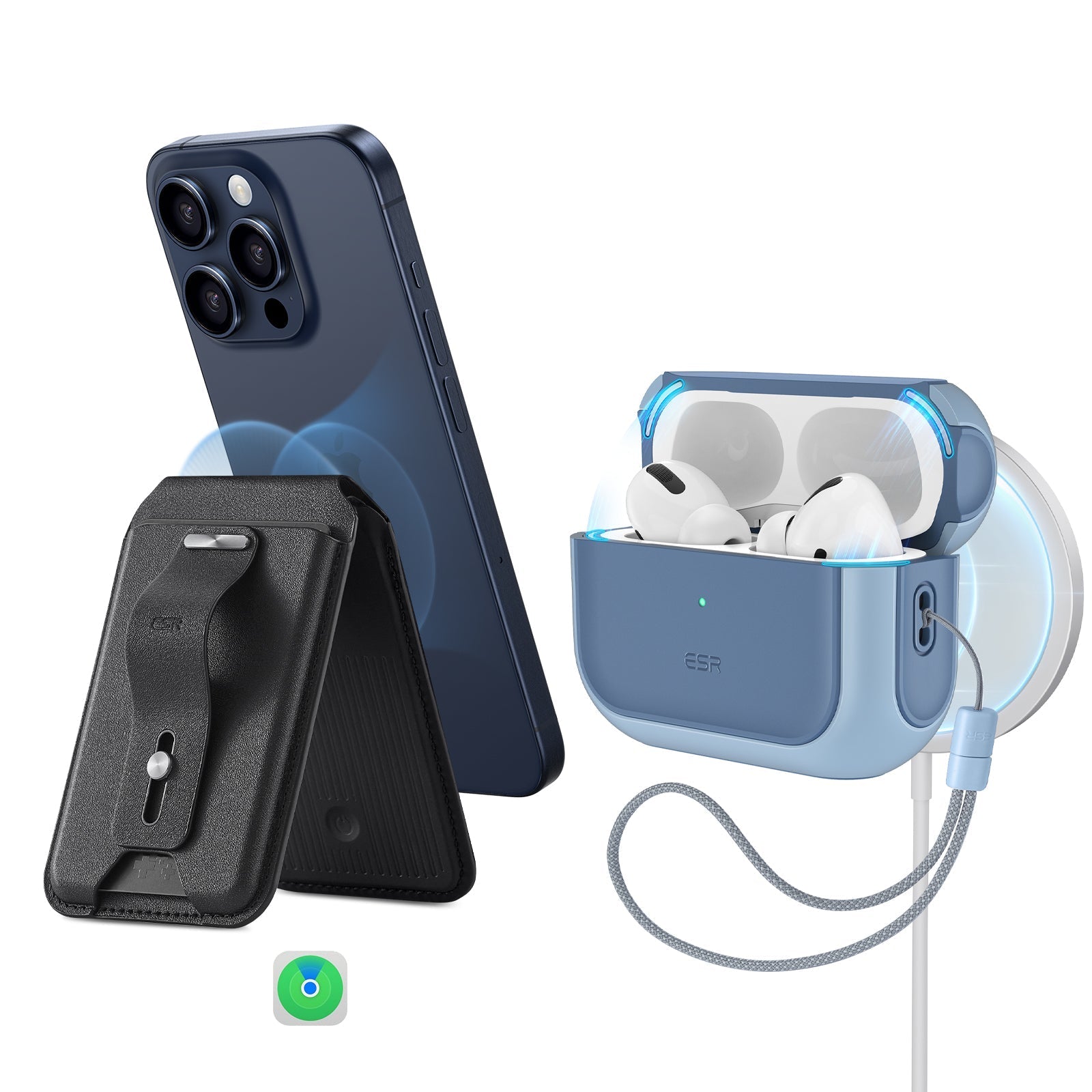 airpods pro magsafe case and magsafe wallet with find my blue