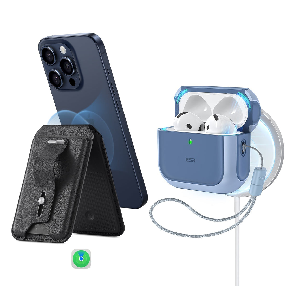 blue airpods 4 magsafe case and magsafe wallet with find my 2