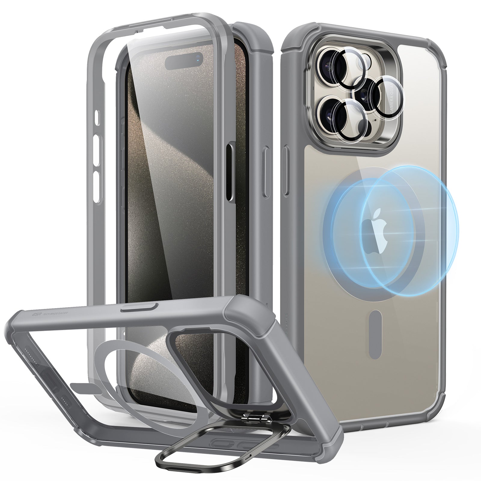 iPhone 15 Pro Max Armor Tough Case with Stash Stand HaloLock clear grey 01