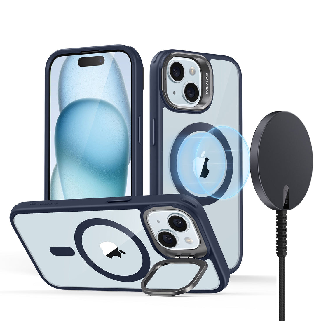 iPhone 15 case and Qi2 wireless charger Clear Dark Blue