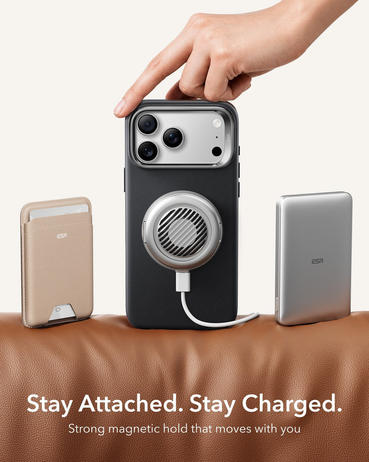 ESR Black Leather iPhone 17 Pro Magsafe Case with Stand Stay Attached. Stay Charged.