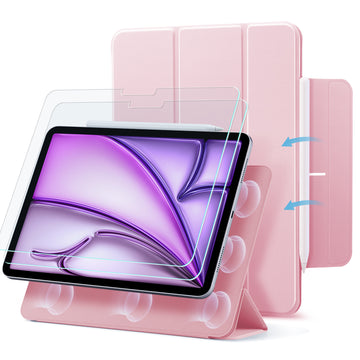 ipad air 13 inch magnetic folio case with tempered glass screen protector pink